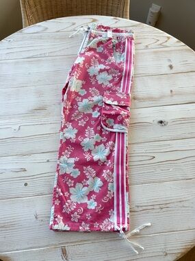 Y2K Tropical Floral Capri Pants Pink Surf Beachy Cargo Capris